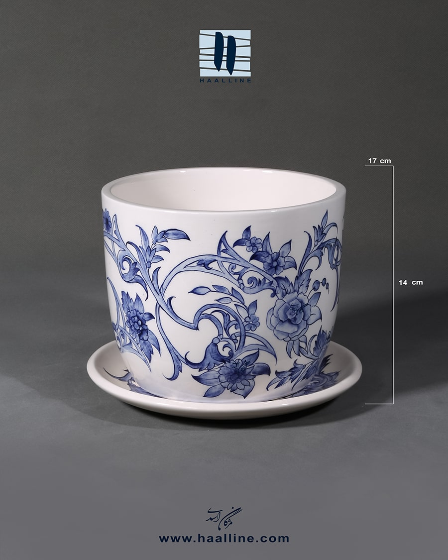 گلدان و زیر گلدانی سرامیکی مدل شمعدانی 1417 با نقش اسلیمی آبی و سفید زیرلعابی و طراحی و نقاشی شده با دست کد: VASE AND COASTER-BW-1417