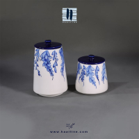 ست بانکه سرامیکی هنری با طرح زیتون آبی و سفید زیرلعابی  طراحی و نقاشی شده با دست کد: BANQUE-BWz-14097